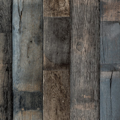 Grandeco Auburn Vertical Plank Wood Effect Textured Wallpaper, Grey Brown