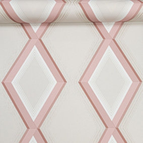 Grandeco Beige Pink Cream Shimmer Geometric Diamonds Non Woven Vinyl Wallpaper