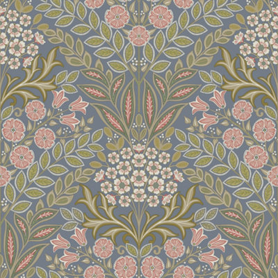 Grandeco Belevedere Arts and Crafts Floral Damask, Blue