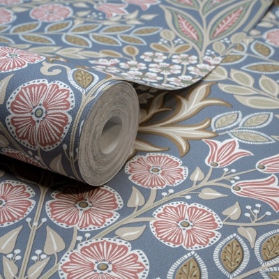 Grandeco Belevedere Arts and Crafts Floral Damask, Blue