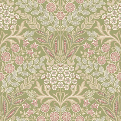 Grandeco Belevedere Arts and Crafts Floral Damask, Green