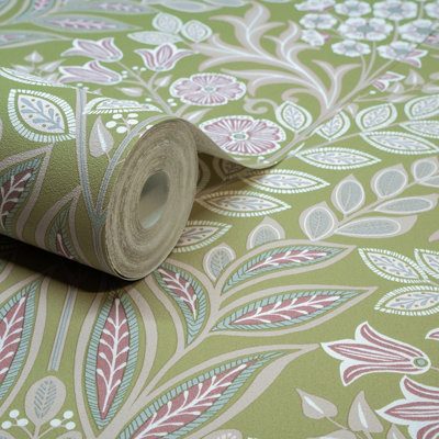 Grandeco Belevedere Arts and Crafts Floral Damask, Green