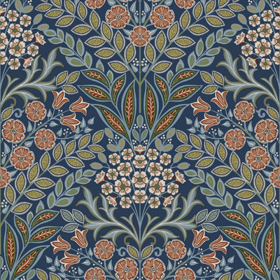 Grandeco Belevedere Arts and Crafts Floral Damask, Navy