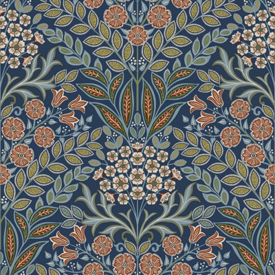 Grandeco Belevedere Arts and Crafts Floral Damask, Navy