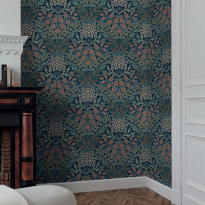 Grandeco Belevedere Arts and Crafts Floral Damask, Navy