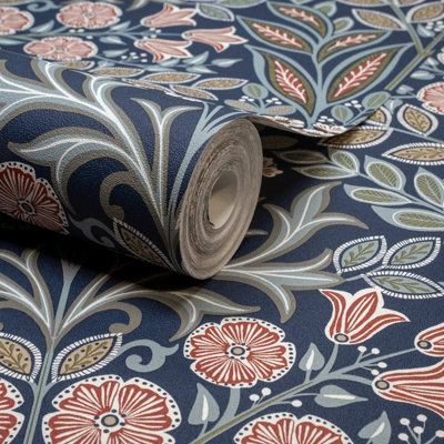 Grandeco Belevedere Arts and Crafts Floral Damask, Navy