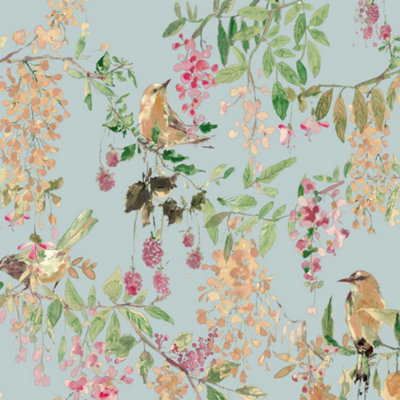 Grandeco Blackberry Trail Blue Wallpaper Bird Wildflower Nature Paste The Paper