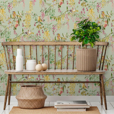 Grandeco Blackberry Trail Green Wallpaper Bird Wildflower Nature Paste The Paper