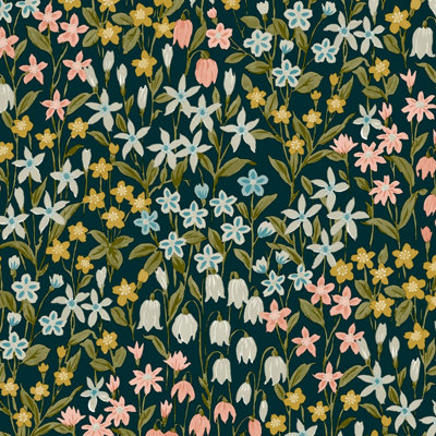 Grandeco Bluebell Wood Floral Leaf Textured Wallpaper, Black