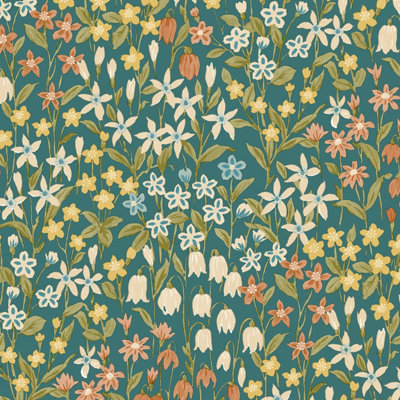 Grandeco Bluebell Wood Floral Leaf Textured Wallpaper, Teal