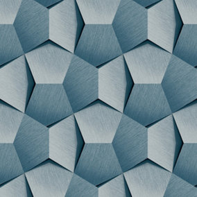 Grandeco Boaz 3D Effect Metal Panel Blown Vinyl Textured Wallpaper, Blue