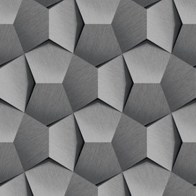 Grandeco Boaz 3D Effect Metal Panel Blown Vinyl Textured Wallpaper, Grey