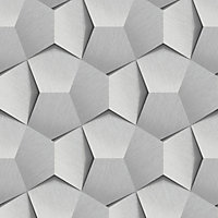 Grandeco Boaz 3D Effect Metal Panel Blown Vinyl Textured Wallpaper, Light Silver Grey