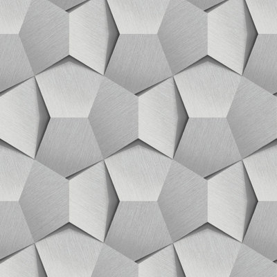 Grandeco Boaz 3D Effect Metal Panel Blown Vinyl Textured Wallpaper, Light Silver Grey