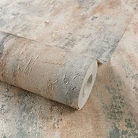 Grandeco Bosa Distressed Shimmer Rustic Artisan Plaster effect Wallpaper, Teal & Neutral