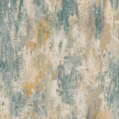 Grandeco Bosa Distressed Shimmer Rustic Artisan Plaster effect Wallpaper, Teal & Ochre