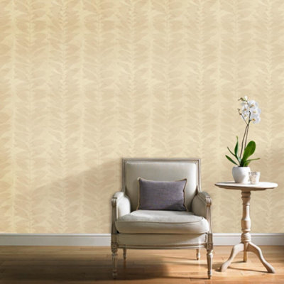 Grandeco Botanical Floral Leaf Pattern Wallpaper Modern Striped Leaves Motif Beige BA2102