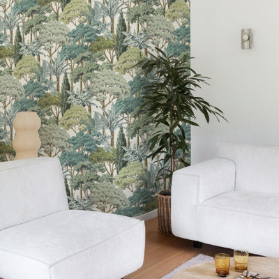 Grandeco Botanical Sketched Forest Trees Textured Wallpaper, Green