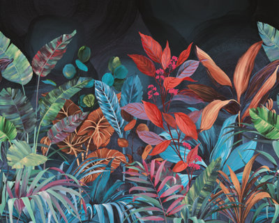 Grandeco Boutique Belize Colourful Tropical Jungle 5 Lane Repeatable Mural 3.75 x 3m, Multi