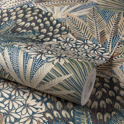 Grandeco Boutique Collection Mael Modern Jungle Navy Blue & Green Botanical Wallpaper
