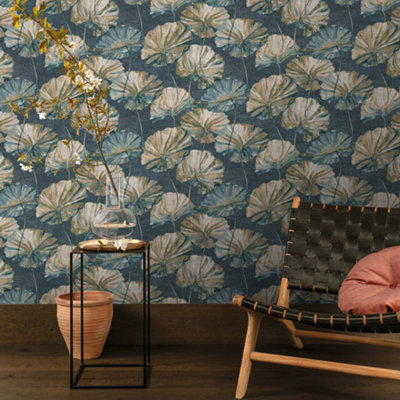 Grandeco Boutique Collection Water Lily Embossed Wallpaper, Navy Teal
