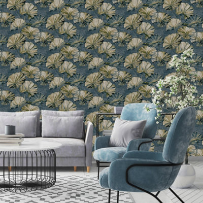 Grandeco Boutique Collection Water Lily Embossed Wallpaper, Navy Teal
