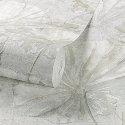 Grandeco Boutique Collection Water Lily Embossed Wallpaper, White