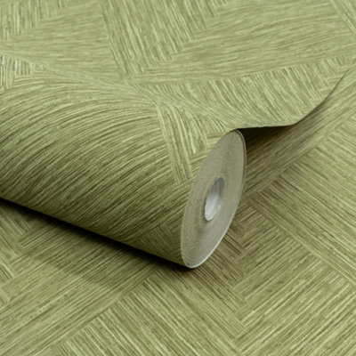 Grandeco Boutique Loni Geometric Natural Weave Luxury  Embossed Wallpaper, Moss Green