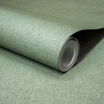 Grandeco Boutique Mini Twill Woven Texture Fabric Effect PVC-free Eco Wallpaper, Green