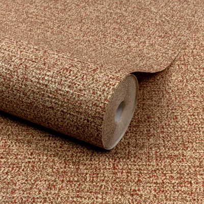 Grandeco Boutique Mysore Fabric Effect Twill Luxury Embossed Wallpaper, Coral  Rust