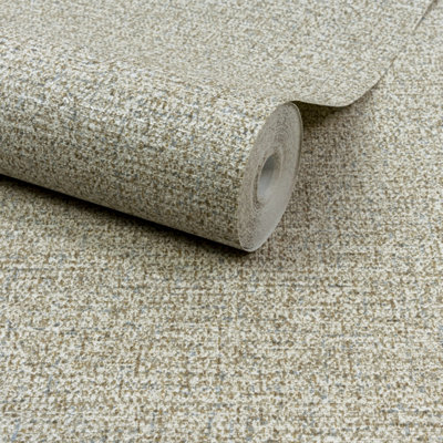 Grandeco Boutique Mysore Twill Plain Fabric Luxury Weight Embossed Wallpaper, Neutral with blue