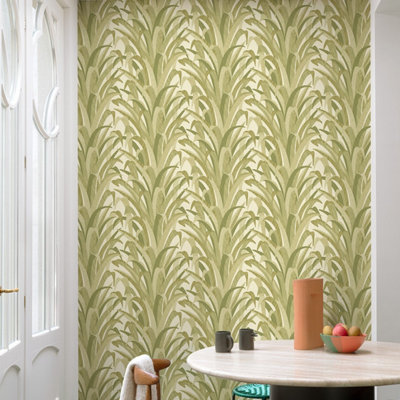 Grandeco Boutique Olivine Grass Leaves Embossed  Wallpaper, Green