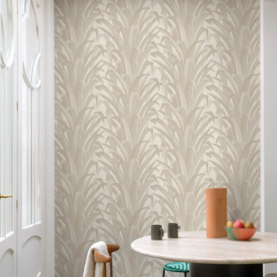 Grandeco Boutique Olivine Grass Leaves Embossed  Wallpaper, Neutral