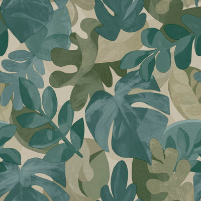 Grandeco Boutique Retro Leaf PVC-free Eco Wallpaper, Green