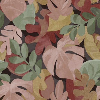 Grandeco Boutique Retro Leaf PVC-free Eco Wallpaper, Red Pink Multi