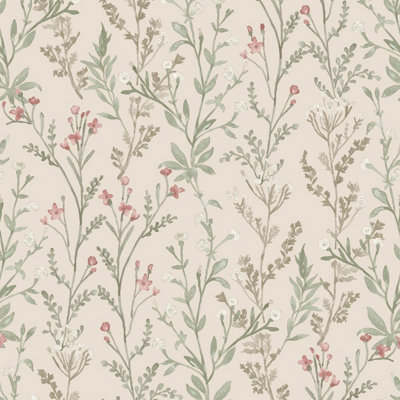 Grandeco Boutique Sprig Leaf PVC-free Eco Wallpaper, Pink