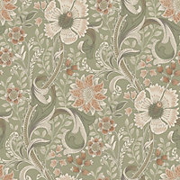Grandeco Boutique Traditional Floral Trail PVC-free Eco Wallpaper, Green