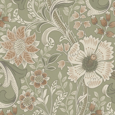 Grandeco Boutique Traditional Floral Trail PVC-free Eco Wallpaper, Green