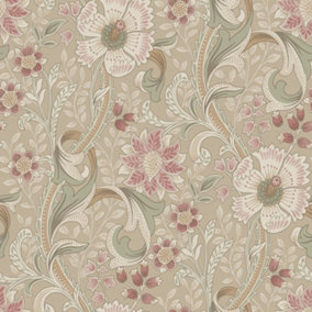 Grandeco Boutique Traditional Floral Trail PVC-free Eco Wallpaper, Taupe Pink