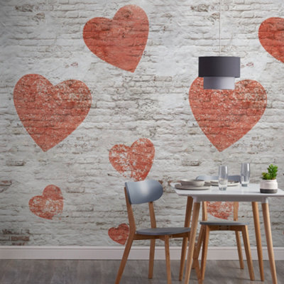 Grandeco Brick Heart 3 lane repeatable Textured Mural,  2.8 x 1.59m White