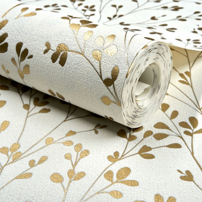 Grandeco Calluna Delicate Metallic Sprig Blown Vinyl Wallpaper, Cream Gold