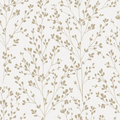 Grandeco Calluna Delicate Metallic Sprig Blown Vinyl Wallpaper, Cream Gold