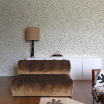 Grandeco Calluna Delicate Metallic Sprig Blown Vinyl Wallpaper, Cream Gold