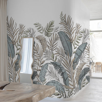 Grandeco Calobra Botanical Jungle Leaf 3 panel repeatable Mural 1.59 x 2.8m, Green