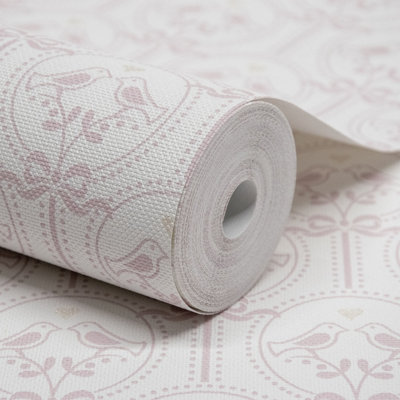 Grandeco Cameo Love Birds Nursery Textured Wallpaper, Pink