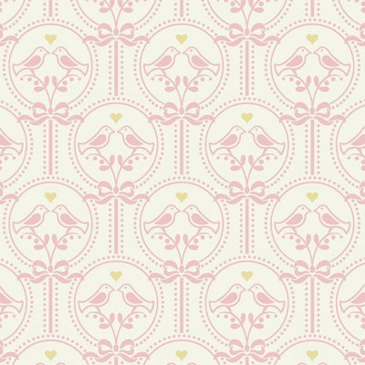 Grandeco Cameo Love Birds Nursery Textured Wallpaper, Pink