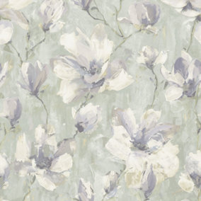 Grandeco Camilla Floral Oil Painting Textured Wallpaper, Chalky Matt Sage