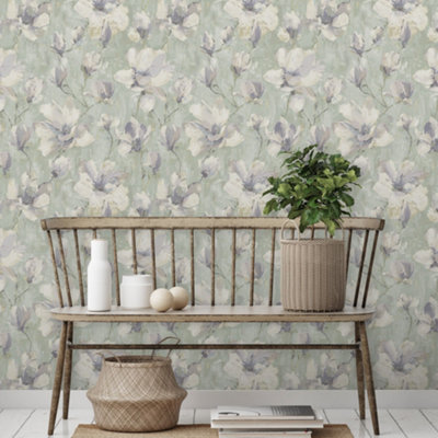 Grandeco Camilla Floral Oil Painting Textured Wallpaper, Chalky Matt Sage