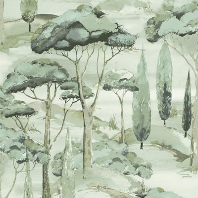 Grandeco Canopy View Contemporary Scenic Tree Toile Textured Wallpaper, Green