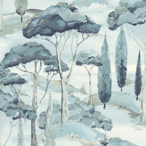 Grandeco Canopy View Contemporay Scenic Tree Toile Textured Wallpaper, Blue